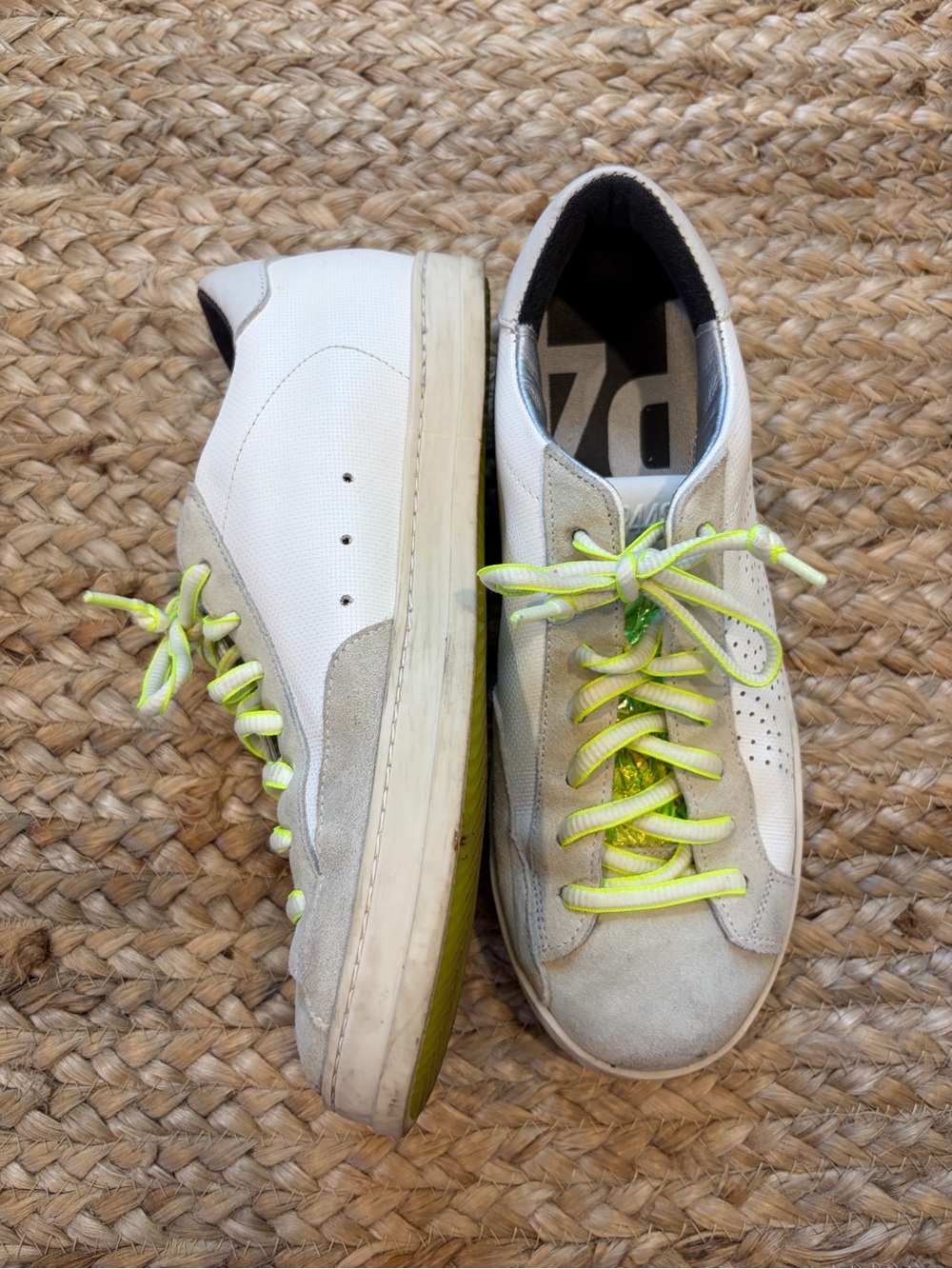 P448 Crinkle Tongue White and Neon Yellow Low-Top Sneakers | Size 38